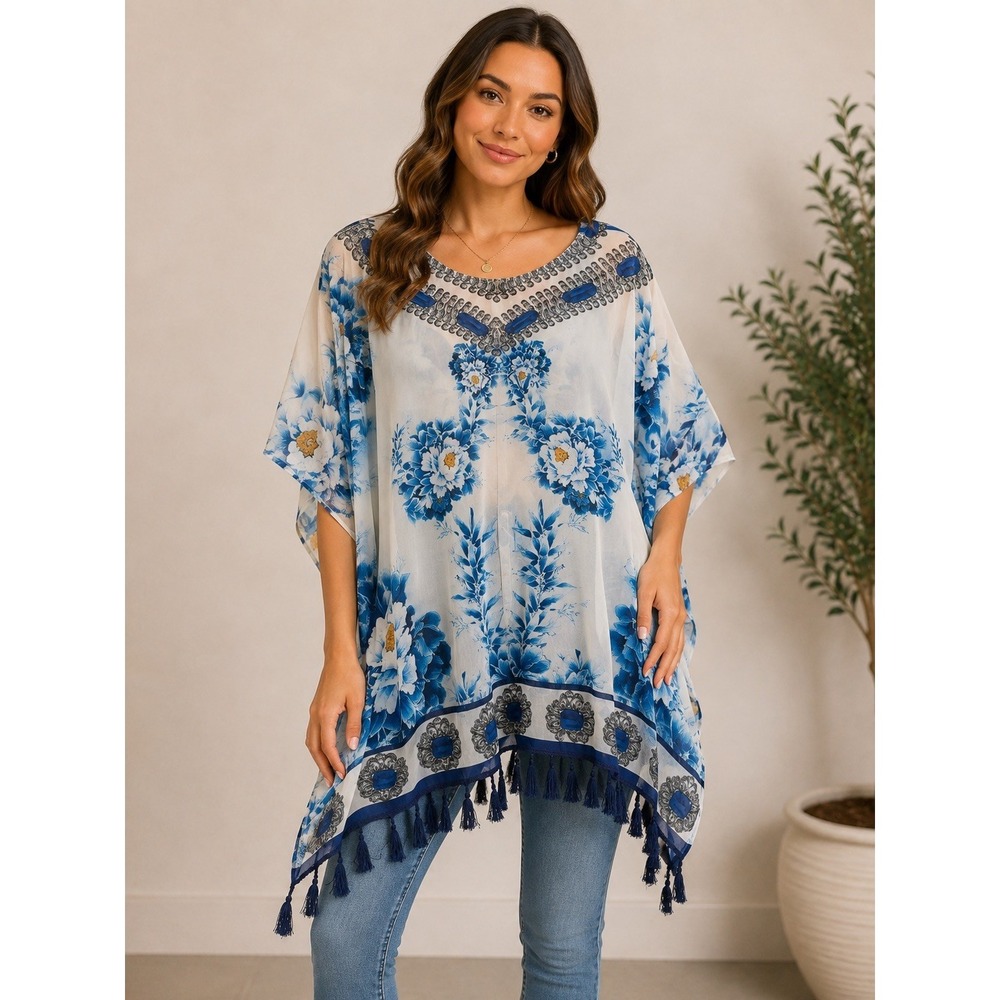 Asa Kaftans Sheer V Neck Short Caftan Tassel Trim Tunic Top Cover-Up (M) Blue